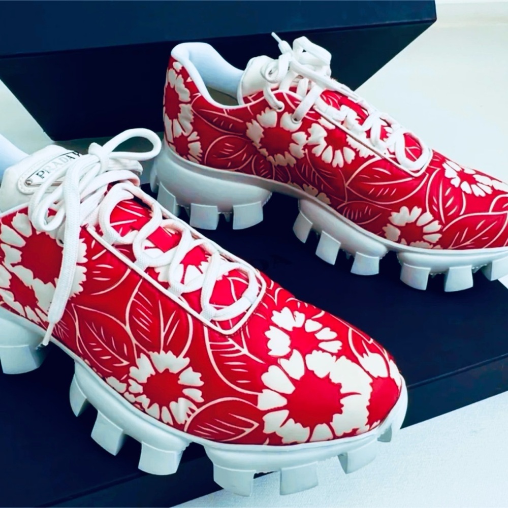 Prada Rare Lux Sneakers, Red w/White Flowers, Unisex Men’s US 9 EU 42 Xmas Gift - Picture 16 of 17